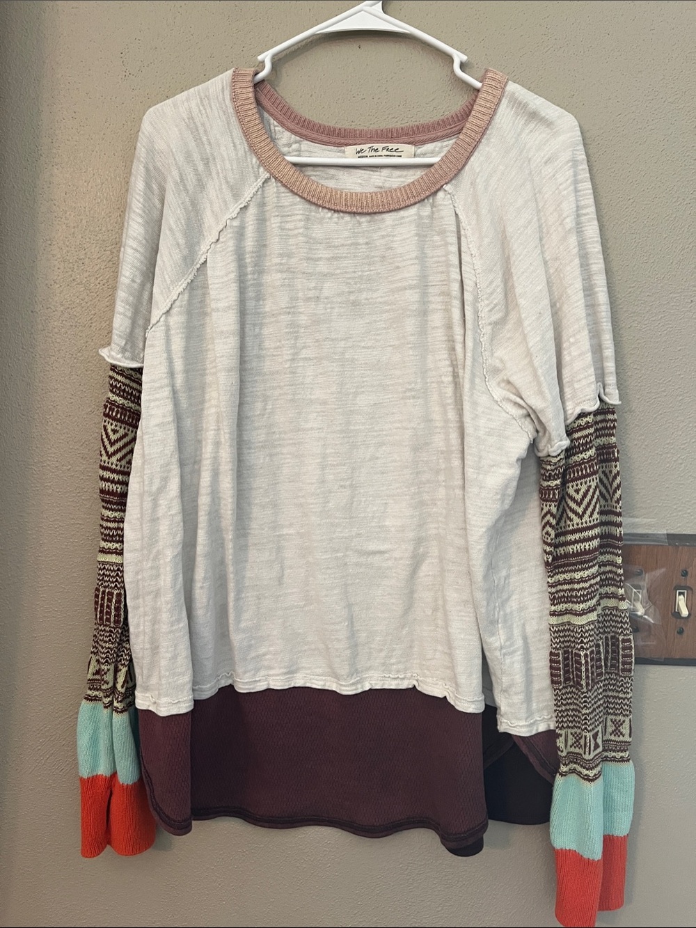 We The Free Cream Layered Pullover with Brown, Turquoise & Coral Accents